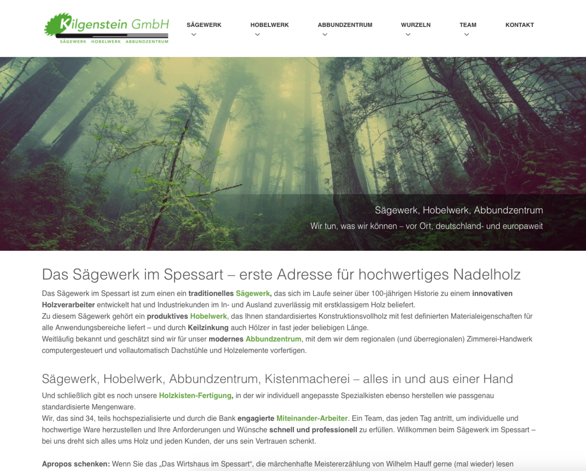 Website Kilgenstein, Sägewerk, Hobelwerk, Abbundzentrum, Kistenmacherei im Spessart